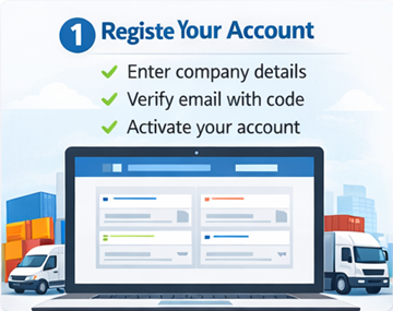 Реєстраційна форма перевізника ExusTrans з даними компанії, номером ПДВ та активацією електронною поштою